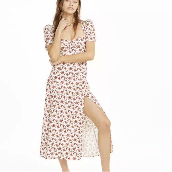 Danielle Bernstein Midi Length Dress Short Puff Sleeve Red White Flower Print - Picture 16 of 16